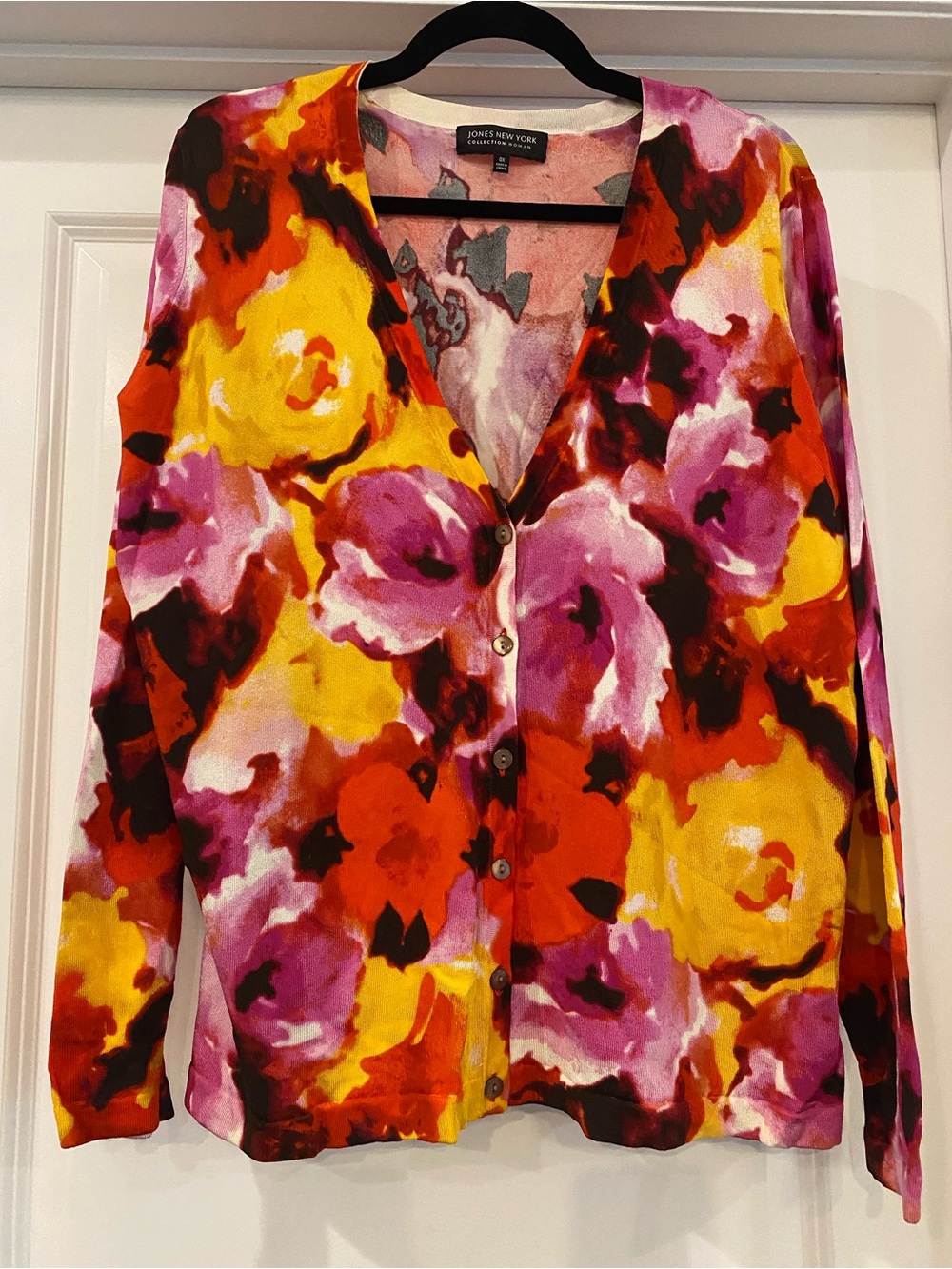 Jones New York V-Neck Floral Button Cardigan in Yellow, Pink, Red